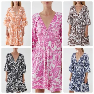 New Ladies Knee Length Monochromatic Floral Shirred Bodice Mini Dress BNWT - Picture 1 of 27