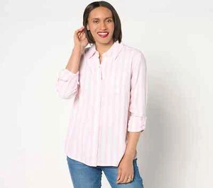 Camisa Isaac Mizrahi Rayas Botón Frontal Mezcla Lino-Rosa-Pequeña Mediana-A646494 - Imagen 1 de 2