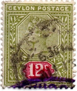 QUEEN VICTORIA CEYLON 12c. STAMP OLIVE AND RED FINE USED HINGED - Picture 1 of 2
