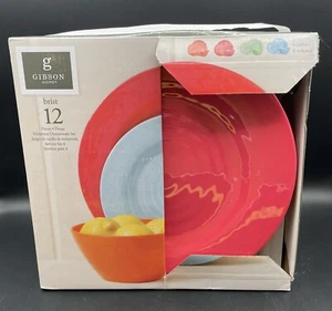 Gibson Home 12-Pc Melamine Dinnerware Set “brist” New! Blue Green Orange Pink - Picture 1 of 5