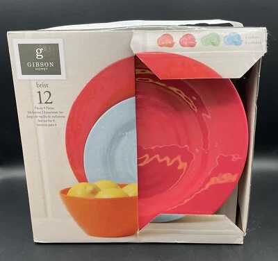 Gibson Home 12-Pc Melamine Dinnerware Set “brist” New!  Blue Green Orange Pink - Image 1 of 4