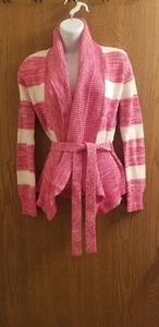 Cardigan Sweater 80s Pink Stripe Granny Core Cottage Belted Knit Junior's Medium - Picture 1 of 6