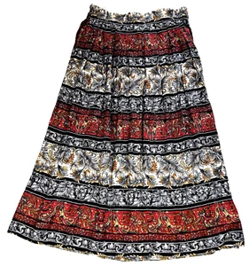 Vintage Plissee Paisley Midi Rock Boho Bauern Viskose rot gold schwarz klassisch USA M - Bild 1 von 10