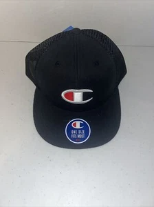 Champion Herren Snapback Mütze schwarz großes Logo flacher Schirm Netzrücken Trucker verstellbar - Bild 1 von 3