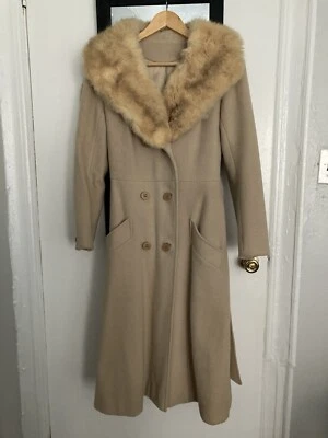 Vintage Tan Wool Coat with Real Fur Collar. Tie Waist XS - Image 1 of 4