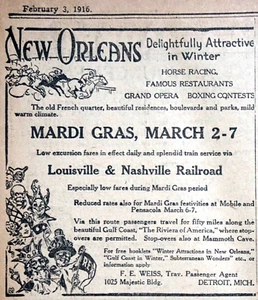 1913 Detroit Newspaper Page - Louisville & Nashville Railroad Mardi Gras Ad - Picture 1 of 2