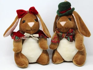 VTG 1985 Pair Toys R Us Plush Christmas Velvet Bunny Bunnies Boy Girl Rabbit 8" - Picture 1 of 11