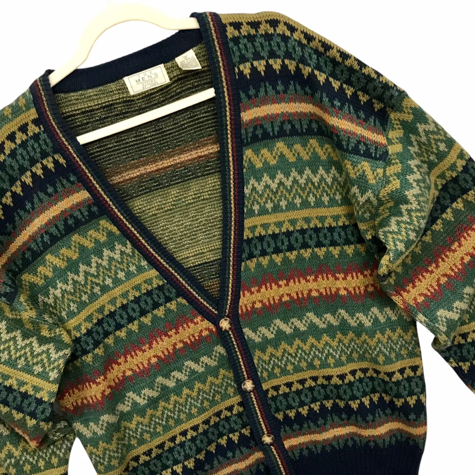 VTG Sears Fair Isle Cardigan Green 80s Grunge Grandpa Academia Preppy Sz L Tall - Image 1 of 4