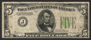 1934 $5 Lime Green Seal FRN Kansas City MO District Fr. 1955J - Picture 1 of 2