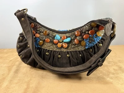 Mary Frances Beaded Boho Hand Bag Purse Brown Suede w/Double Handles Zip Closure - Image 1 of 4