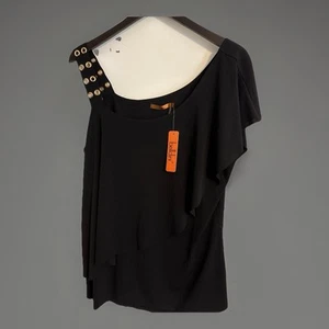 BELLDINI One Shoulder assymetrisch gold Ösen schwarz Lagenlook Top Large Neu mit Etikett - Bild 1 von 9