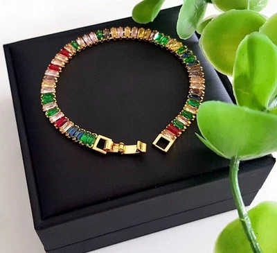 Edles Zirkonia TENNIS ARMBAND 925 Silber Baguette BUNT Armkette Armreif GOLD - Bild 1 von 4