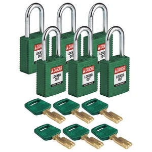 BRADY NYL-GRN-38ST-KD6PK Lockout Padlock,Nylon,Grn,1-13/16" H,PK6 55JX79 - Picture 1 of 1