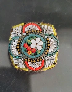 Vtg Micro Mosaic Made In Italy Floral Square Brooch Pin Embellished Beaded Edge  - Picture 1 of 11