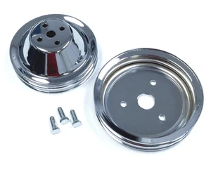 2 Groove Pulley Kit, Short Water Pump, Chrome Steel, Fits Chevy SB 283 327 350 V - Picture 1 of 4