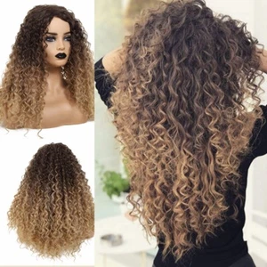 Long Afro Kinky Curly Wig Synthetic Hair Wigs W Ombre Black & Brown Mix Blonde - Picture 1 of 7