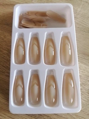 NUDE Peach False Nails White Chevron Cream Ombre Mix Press On PINK Beige Coffin - Image 1 of 3