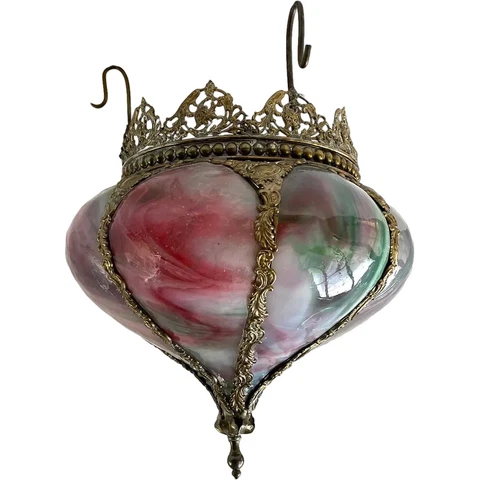 Antique American Brass & Bent Marbleized Glass Pendant Light Shade c. 1895 Cover