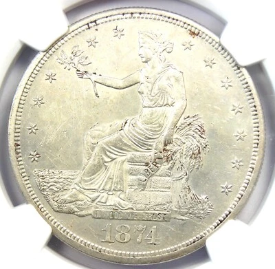 Dólar de plata comercial 1874-CC T$1 - Certificado NGC detalles sin circular (MS UNC) Foto 1 de 4