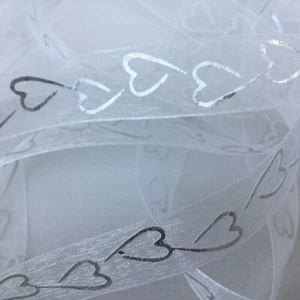 White Organza Silver Hearts Ribbon Valentines Day,Bows,Present Wrap 2 METRES - Picture 1 of 3