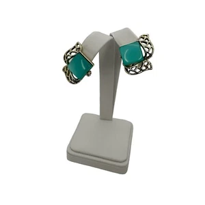 Vintage Coro Lucite Thermoset Earrings Aqua Pearly Moonglow Leaf Clip On Gold Tn - Picture 1 of 7