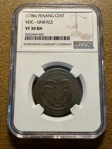 1786 Malaya Penang Cent Uniface NGC VF-30 British East India Company VEIC KM-3 - Picture 1 of 4