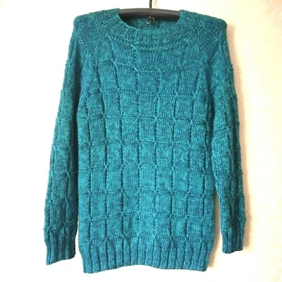 Wool knitted chess sweater Warm elegant turquoise jumper handmade Style pullover - Image 1 of 4