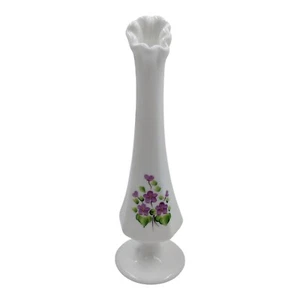 Fenton Milk Glass Swung Bud Vase Hand Painted Violets Signed S Meunier 7.75" - Picture 1 of 7