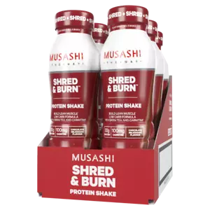 MUSASHI Shred and & Burn 6 x 375mL Protein Shakes Chocolate Flavour P30g C4g F4g - Picture 1 of 2