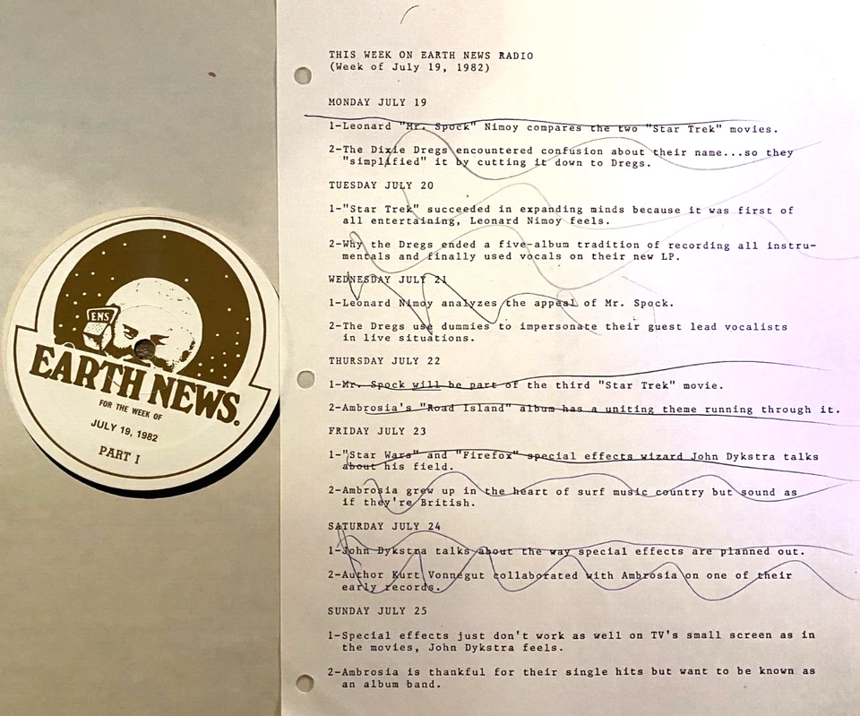 7/19/82  EARTH NEWS EXTENDED INTERVIEWS w/LEONARD LIMOY, AMBROSIA, DIXIE DREGS - Image 1 of 1