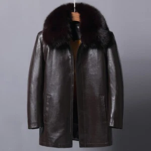 Winter Mens Real Fox Fur Collar Rabbit fur lined Leather Parka Coat Overcoat Zip - Picture 1 of 27