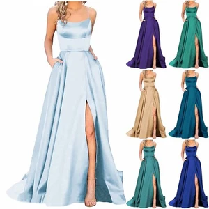 Women's Long Dresses Backless Long Dresses Satin Strap Party Dress Side Slit - Picture 1 of 36