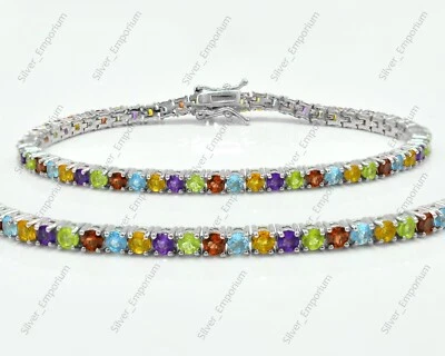 3 MM Round Natural Multi Gemstone 925 Sterling Silver Tennis Wedding Bracelet - Image 1 of 4