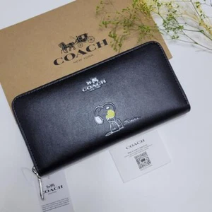 COACH x PEANUTS Long Wallet Snoopy Woodstock Leather Zip Black New F/S - Picture 1 of 7