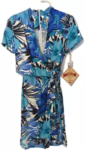 NWT Dress Blue Hawaiian Faux Wrap Womens Petite Medium Cruise tripCaribbean Joe - Picture 1 of 12