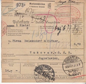 Germany: Parcel Card: Markneukirchen via Budapest to Vukovar, 16-29 Nov 1929 - Picture 1 of 2