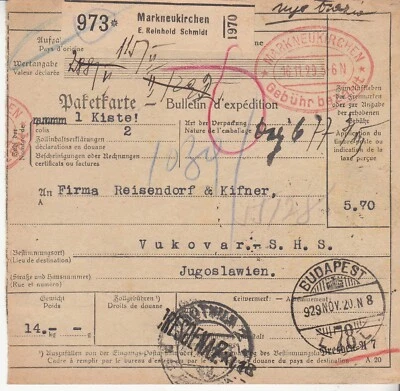 Germany: Parcel Card: Markneukirchen via Budapest to Vukovar, 16-29 Nov 1929 - Image 1 of 2