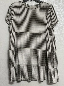 Loft Tiered Short Sleeve Knee Length Gray & Black Striped Dress Pockets Petite L - Picture 1 of 6