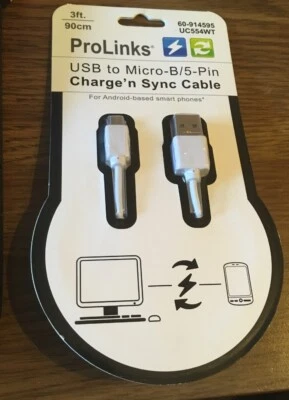 ProLinks USB to Micro-B 5 Pin Charge 'nSync 3' Cable Android Smart Phones . NEW - Image 1 of 2