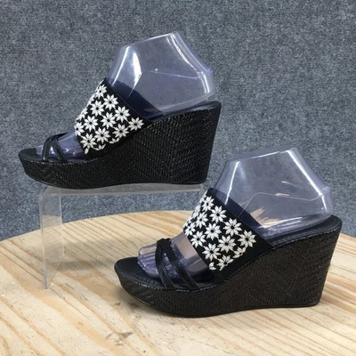 ITALIAN Shoemakers Sandals Womens 8 Floral Strap Slip On Wedge Slide Black - Image 1 of 4