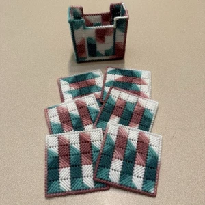Vintage Set 6 Needlepoint Coasters & Holder Plastic Canvas Green Pink White - Picture 1 of 7