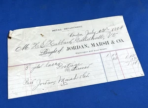 1884 Jordan Marsh & Co. Receipt Boston, MA ~ H.E. Hubbard Dealer Guildhall, VT - Picture 1 of 8