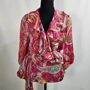 Lauren Ralph Lauren Silk Paisley Wrap Blouse M Pink Multi Ruffle Boho Chic - Picture 1 of 9
