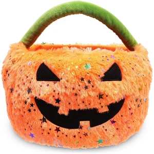 Plush Pumpkin Bag for Kids Halloween Trick or Treat Candy Holder Buckets, Orange - Picture 1 of 12