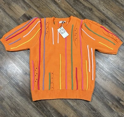 Suéter THML Para Mujer Talla 2XL Naranja Heidi Bordado Geométrico Manga Abullonada Foto 1 de 4