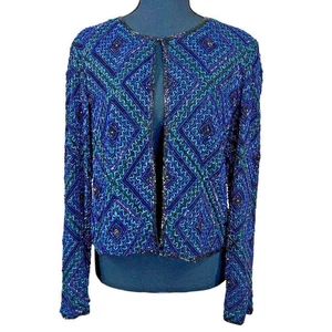 Vintage Stenay Cocktail Seidenjacke türkis lila schwarz Perlen Größe M - Bild 1 von 11
