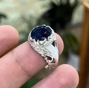 Natural Royal Blue Sapphire Stone Ring Rare Neelam Handmade Engraved Ring 925 - Picture 1 of 4