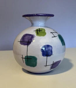 Hand painted Vase Pottery Green with Green Purple Color Blocks 5.75" Tall - Picture 1 of 10
