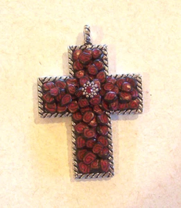 Hand Crafted Red & Black Swirled Clay Design Antique Silver Cross Pendant  - Picture 1 of 2