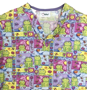 Apple Life Scrub Top Women Small S Frogs Flowers Colorful Pink Green Cute Spring - Picture 1 of 7